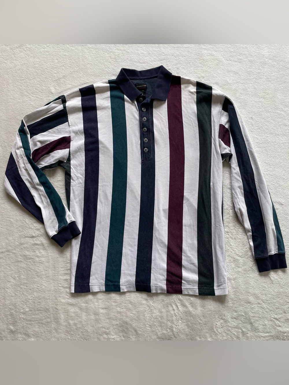 Vintage Oversized Block Stripe Button Long Sleeve Polo size M